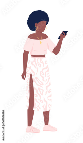 Person holds mobile phone semi flat color vector character. Editable figure. Full body person on white. Online communication simple cartoon style illustration for web graphic design and animation