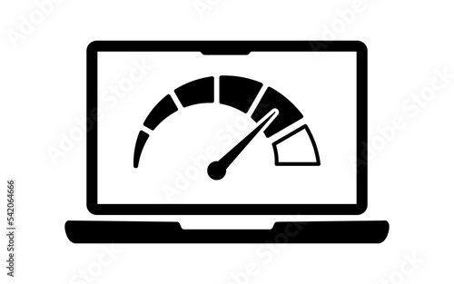 Laptop icon with internet connection speed test on the screen. Internet download speed test on web page. Speed test and network performance information. Signal quality. Vector illustration