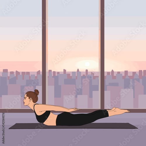 Locust Pose / Salabhasana. Stretching woman portrait, person practicing yoga asana exercise at home on sunrise. Morning workout illustration poster, pilates training, back muscle, mindfulness time zen