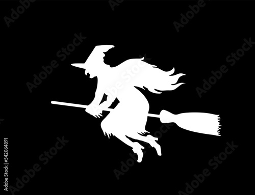 Witch rides a broomstick in flight vector silhouette illustration isolated on black. Halloween, bogeyman. Walpurgis night. Black magic lady. Horror and horrible nightmare. Night legend and fairy tale.