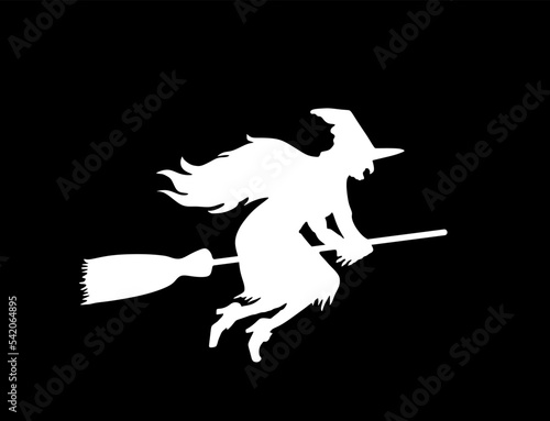 Witch rides a broomstick in flight vector silhouette illustration isolated on black. Halloween, bogeyman. Walpurgis night. Black magic lady. Horror and horrible nightmare. Night legend and fairy tale.