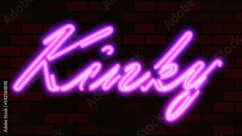 "Kinky" in neon lights being illuminated against a brick wall - 3D render