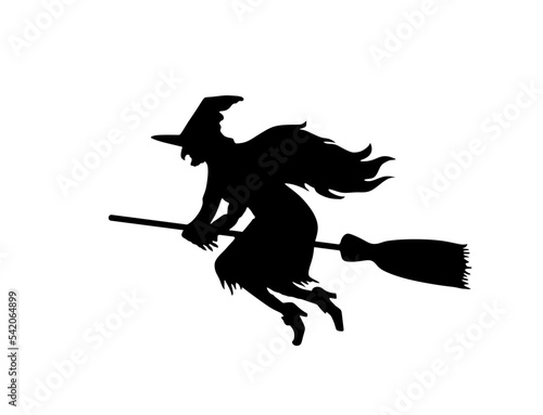 Witch rides a broomstick in flight vector silhouette illustration isolated on white. Halloween, bogeyman. Walpurgis night. Black magic lady. Horror and horrible nightmare. Night legend and fairy tale.