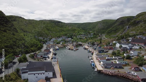 Pull back wide reveal of Petty Harbour, Newfoundland