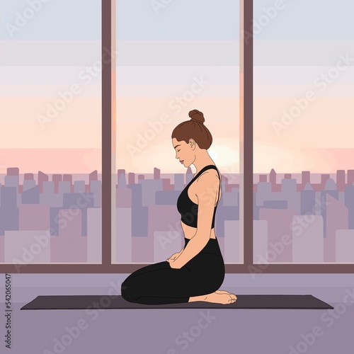 Vajrasana / Adamant Pose. Meditating person at home morning on big city sunrise. Basic yoga asana, mental health, mindfulness meditation illustration, morning routine, self-love, work life balance