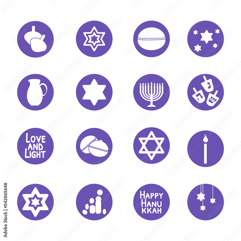 Set of hanukkah symbols icons vector illustration. Round story highlight covers with menorah, star of David, sufganiyah, dreidel. White silhouettes on violet For social media Set of hanukkah symbols icons vector illustration. Round story highlight covers with menorah, star of David, sufganiyah, dreidel. White silhouettes on violet For social media