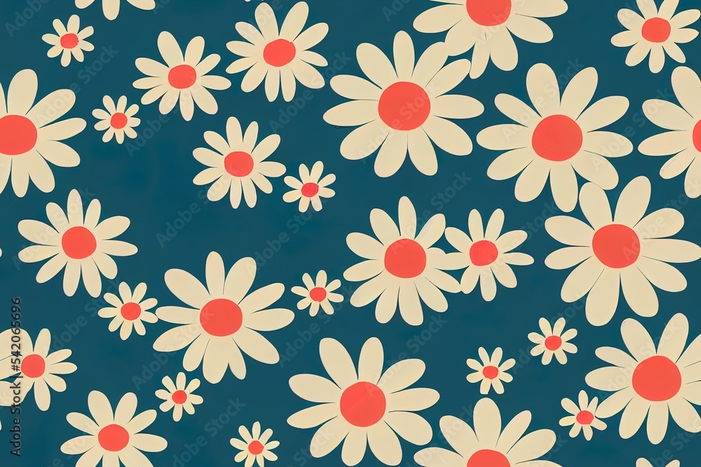Colorful Floral 2d illustrated Seamless Pattern. Retro 70s Style Nostalgic Fashion Textile Bold Background. Summer Resort Print. Daisies. Flower Power