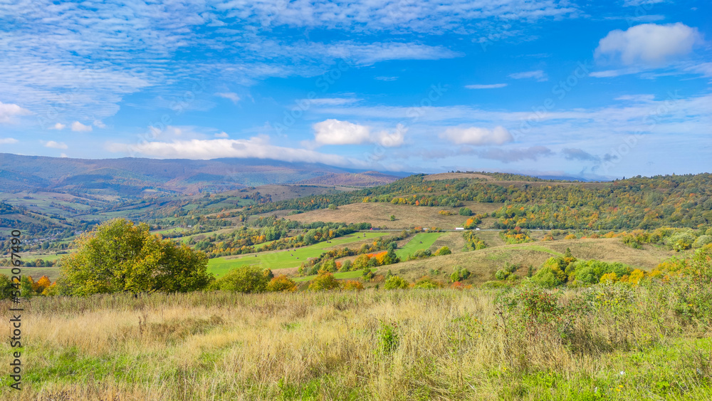 Fototapeta premium Autumn landscape backgroun in the sunny weather with clouds