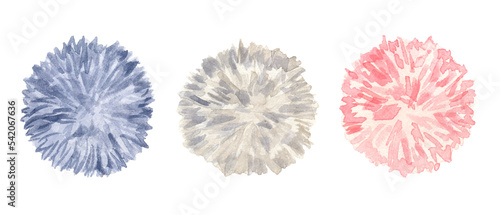 Realistic set of 3  Pom Poms.  Blue, grey-beige and pink hairy balls pompons. Hand drawn watercolor illustration isolated on transparent. photo