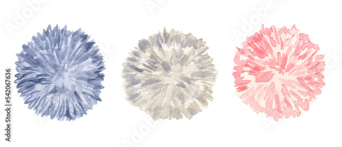 Realistic set of 3  Pom Poms.  Blue, grey-beige and pink hairy balls pompons. Hand drawn watercolor illustration isolated on transparent.
