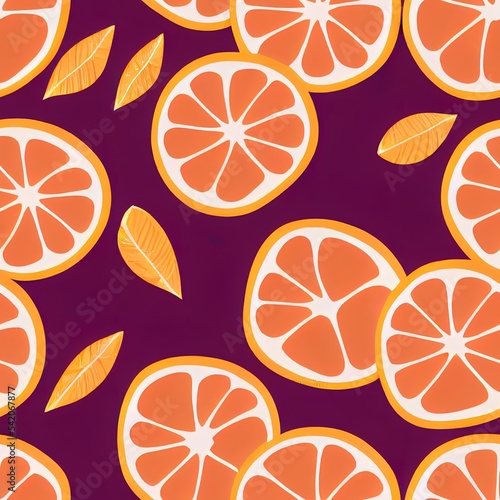 Tropical seamless pattern with oranges on a pink background. Fruit repeated background. 2d illustrated bright print for fabric or wallpaper.