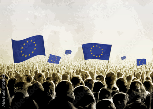 Crowd with the flags of European Union, people cheering national team of European Union. Ai generated illustration of crowd.