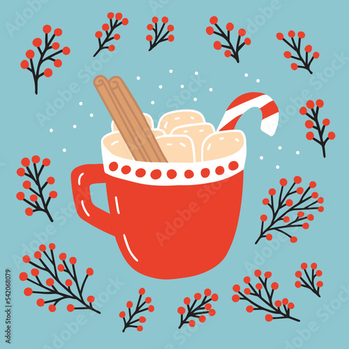 Christmas winter drink with marshmallows and candy cane. Christmas greeting card with hot chocolate and marshmallows vector illustration