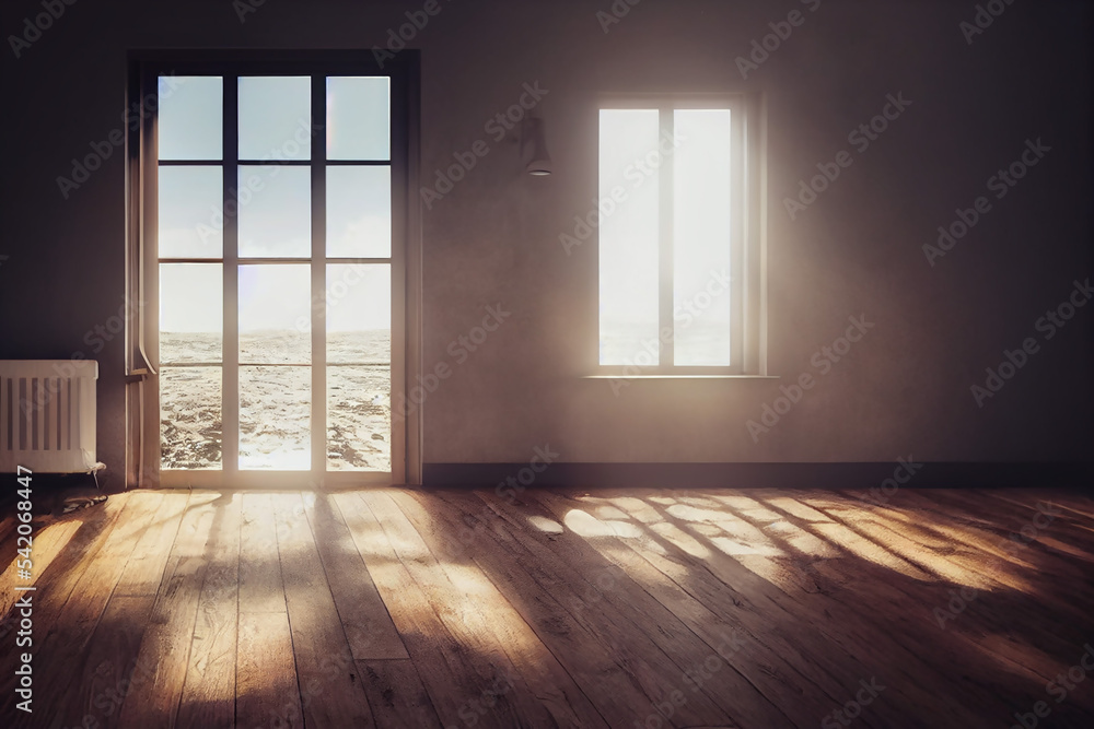 An empty room with a wooden floor with sunlight shining through the windows An empty room with a wooden floor with sunlight shining through the windows