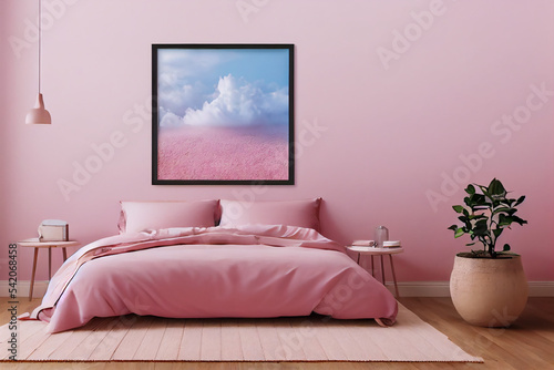 A pink bedroom with a picture on the wall