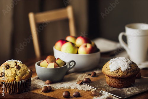 Muffins, coffeecup and apples on a table photo