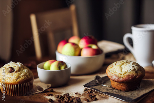 Muffins, coffeecup and apples on a table photo