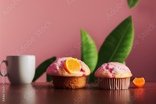 Pink muffins with a slice of orange and a coffecup and green leaves in the background photo