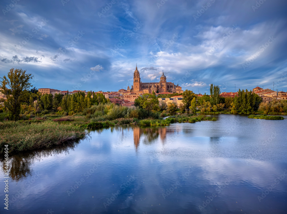 View of the Salamanca cathedral reflected in the Tormes river View of the Salamanca cathedral reflected in the Tormes river