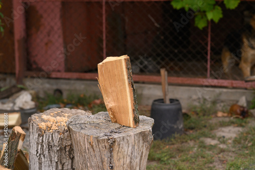 splitting a wooden log on a stump