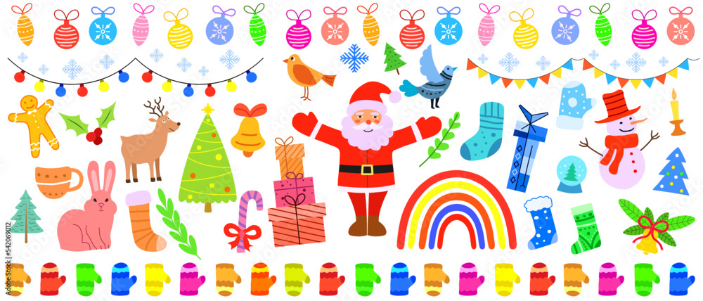 Christmas decorating set for New Year's Eve cards and posters for invitations and greetings. Santa and Christmas tree toys, presents, bunny, reindeer, birds and snowman. Flat style vector illustration Christmas decorating set for New Year's Eve cards and posters for invitations and greetings. Santa and Christmas tree toys, presents, bunny, reindeer, birds and snowman. Flat style vector illustration
