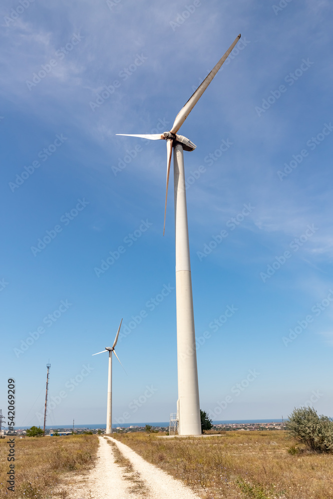 Wind generator. Wind power plant in Crimea. Tarkhankutskaya wind farm.