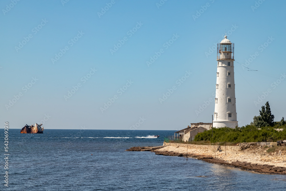 Lighthouse on Cape Tarkhankut in Crimea on a sunny day.