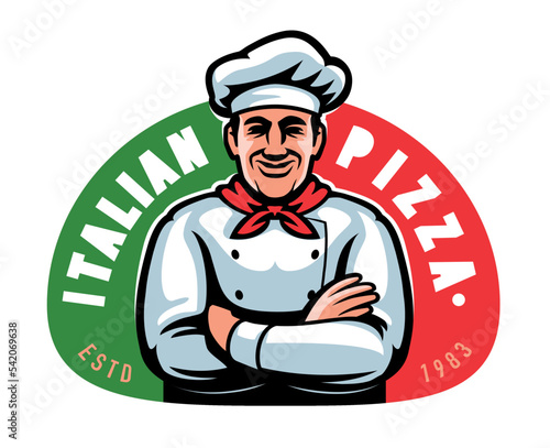 PIZZA logo. Chef, Italian food badge, label. Emblem for restaurant menu design or signboard. Cartoon vector illustration