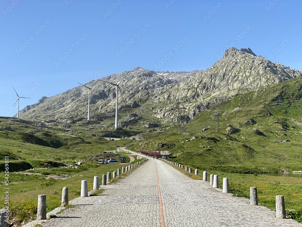 Gotthard wind farm or Windpark St. Gotthard in the alpine mountainous area of the Gotthard Pass (Gotthardpass), Airolo - Canton of Ticino (Tessin), Switzerland (Schweiz) Gotthard wind farm or Windpark St. Gotthard in the alpine mountainous area of the Gotthard Pass (Gotthardpass), Airolo - Canton of Ticino (Tessin), Switzerland (Schweiz)