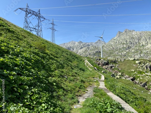 Gotthard wind farm or Windpark St. Gotthard in the alpine mountainous area of the Gotthard Pass (Gotthardpass), Airolo - Canton of Ticino (Tessin), Switzerland (Schweiz)