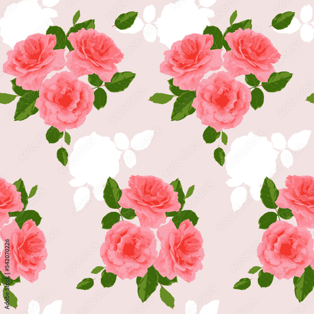 seamless pattern for printing on fabric with bouquets of roses on a light background