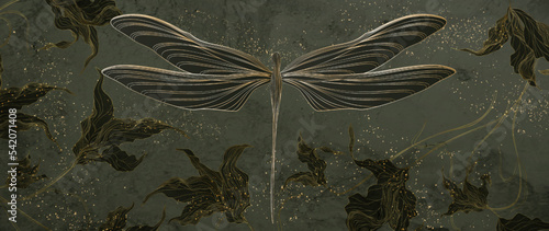 Luxury dark art background with golden hand drawn pattern with flowers and dragonfly. Vector banner with watercolor texture for wallpaper design, decor, print, mural, packaging, textile.