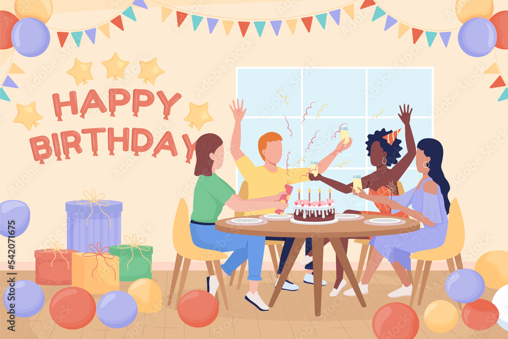 Fototapeta premium Birthday party flat color raster illustration. Young people meeting to greet friend. Home party 2D simple cartoon characters celebrating with decorated room on background. Fredoka One font used