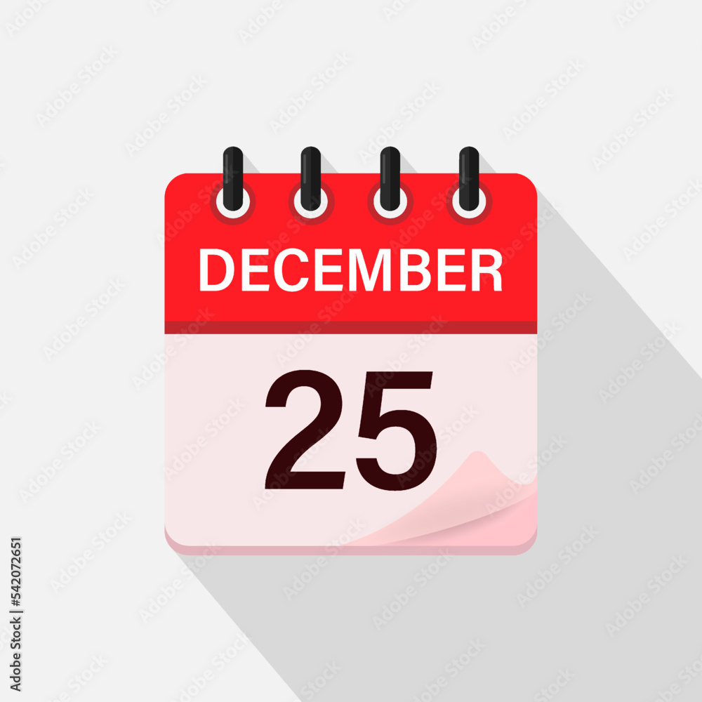 December 25, Calendar icon with shadow. Day, month. Flat vector illustration. December 25, Calendar icon with shadow. Day, month. Flat vector illustration.
