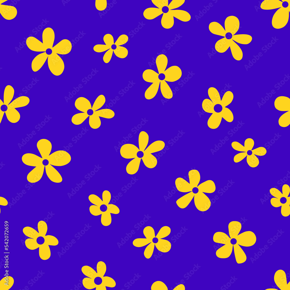 Vector illustration of minimalist style bright yellow flowers forming seamless pattern on purple background Vector illustration of minimalist style bright yellow flowers forming seamless pattern on purple background