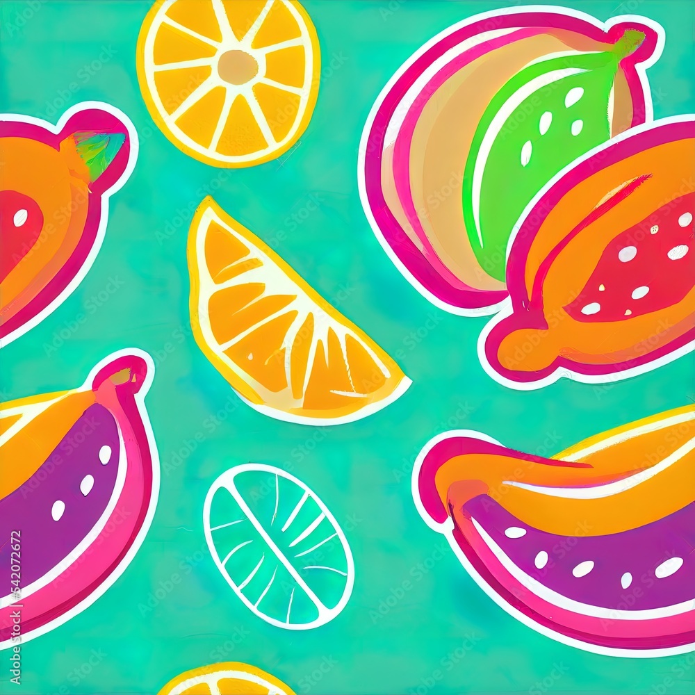 Cute colorful hand drawn tropical fruit and rainbow seamless pattern for summer holidays background.