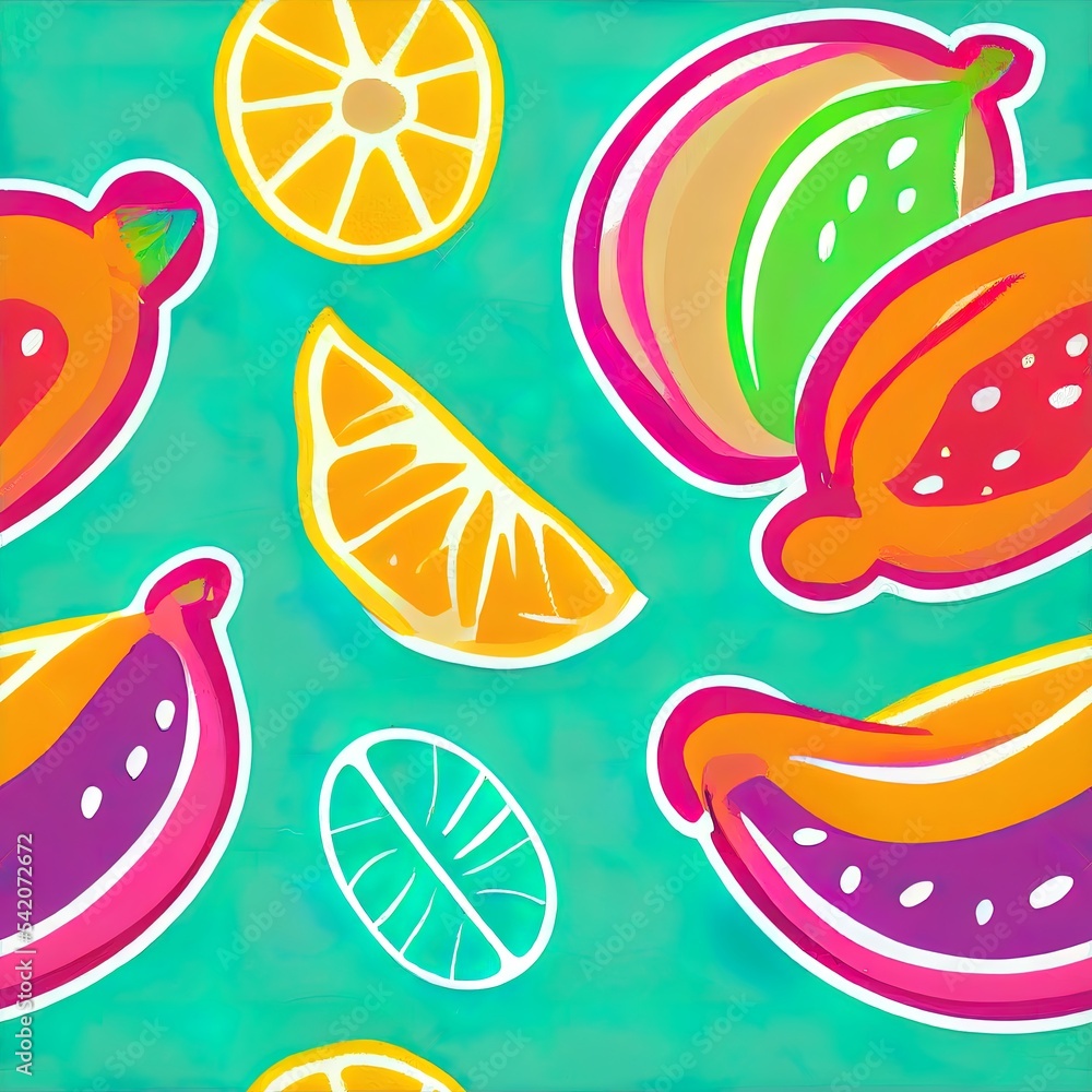 Cute colorful hand drawn tropical fruit and rainbow seamless pattern for summer holidays background. Cute colorful hand drawn tropical fruit and rainbow seamless pattern for summer holidays background.