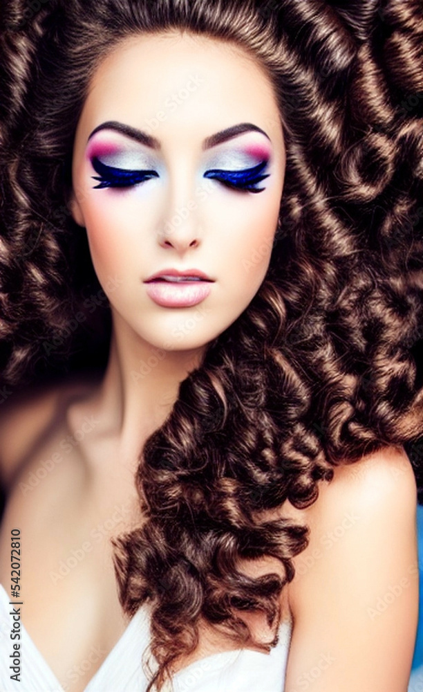 Fototapeta premium Portrait of a girl with creative makeup and hairstyle. Illustration. Generated by Artificial Intelligence.