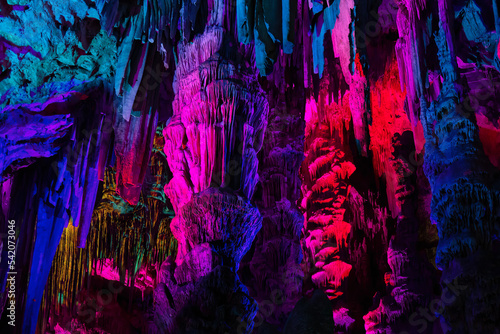 Saint Michael's Cave with colorful lights. Natural Rock Formation. Gibraltar, UK. Nature Background