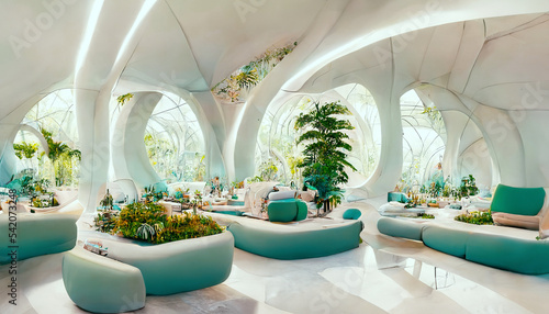 Leinwand Poster Futuristic indoor botanical garden spectacular design 3D illustration with summe