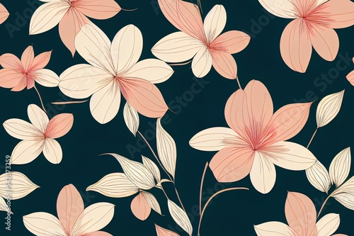 Floral seamless pattern with big flowers and foliage on a light background. 2d illustrated illustration.