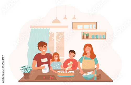 A happy family cooks a cake in the kitchen. Mom, Dad, kids spend time together. Vector graphics.