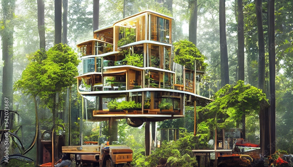 Spectacular concept art of environmental friendly modern treehouse with