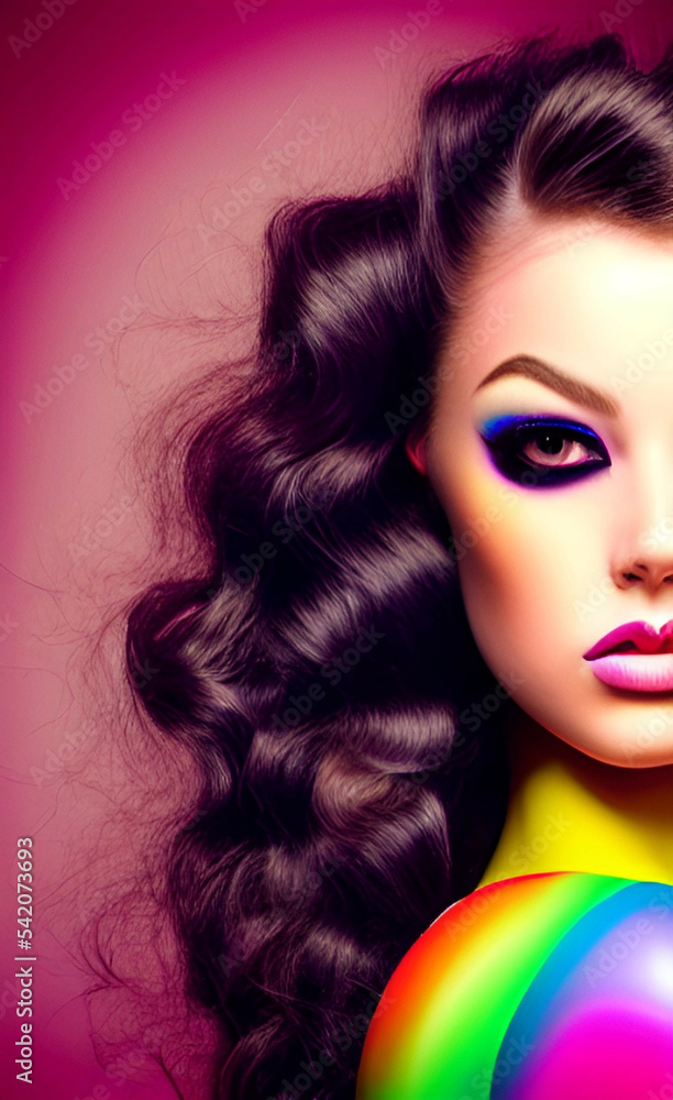 Fototapeta premium Portrait of a girl with creative makeup and hairstyle. Illustration. Generated by Artificial Intelligence .