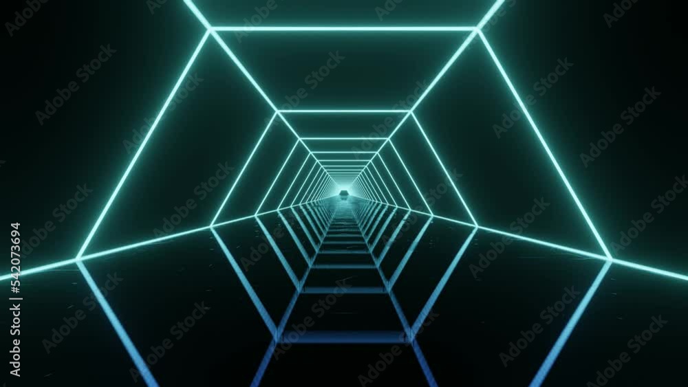 Neon glowing lines in hexagonal structure. Abstract sci fi geometric background. Futuristic corridor concept. Glowing in mirror floor tunnel with reflections. Moving forward 3d animation Neon glowing lines in hexagonal structure. Abstract sci fi geometric background. Futuristic corridor concept. Glowing in mirror floor tunnel with reflections. Moving forward 3d animation