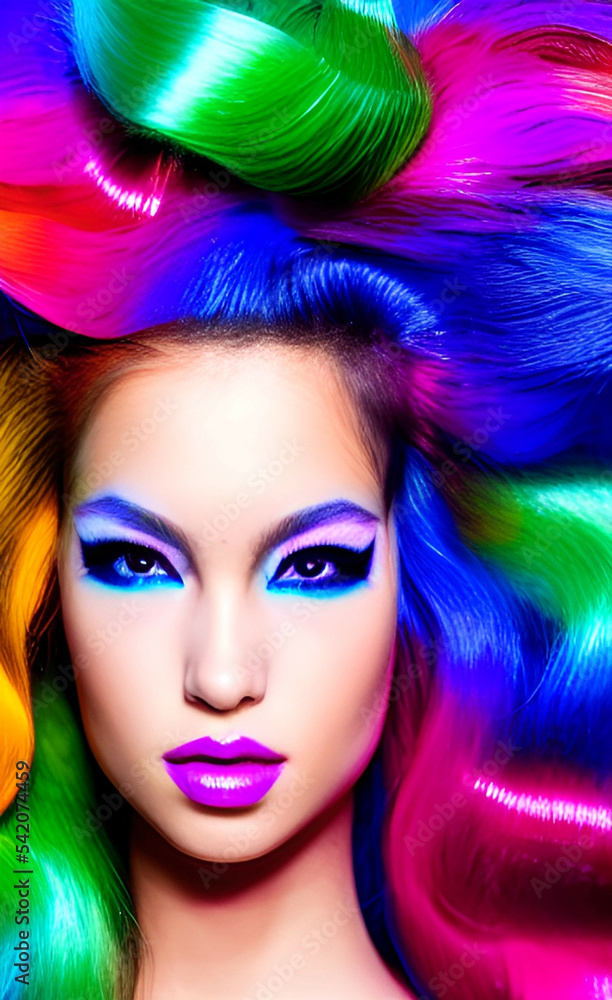 Portrait of a girl with creative makeup and hairstyle. Illustration. Generated by Artificial Intelligence. Portrait of a girl with creative makeup and hairstyle. Illustration. Generated by Artificial Intelligence.