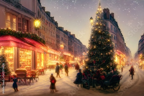 The main street in the city center during the Christmas holidays at dusk. Huge Christmas tree in the center, people shopping, beautifully lit stores. Digital painting, art. Illustration
