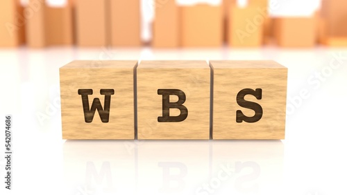 Word with the text WBS engraved on wooden cube blocks reflected on the bright surface. Business concept. In the back are wooden cuboids in many different shapes. (3D rendering)
