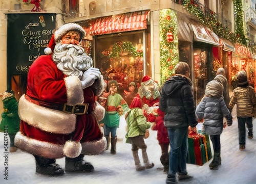 A huge Santa Claus greets families and shoppers entering the shopping center. Christmas atmosphere and climatic lighted stores. Shopping frenzy, families with kids. Digital painting