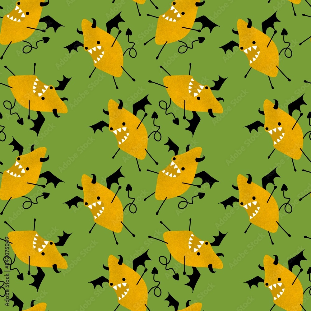 Obraz premium Halloween monsters fruit citrus cartoon seamless lemon vampire with wings pattern for kids clothes print